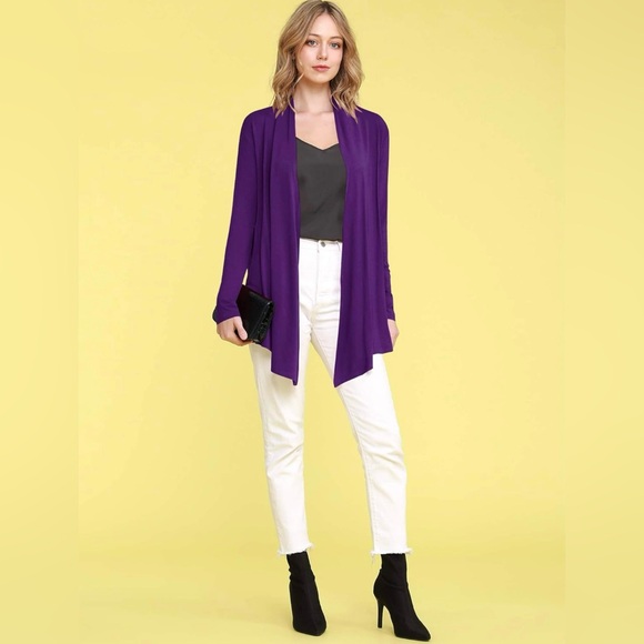 Draped Front Open Cardigan Casual Long Sleeve Lightweight Cardigan -purple - Picture 2 of 6